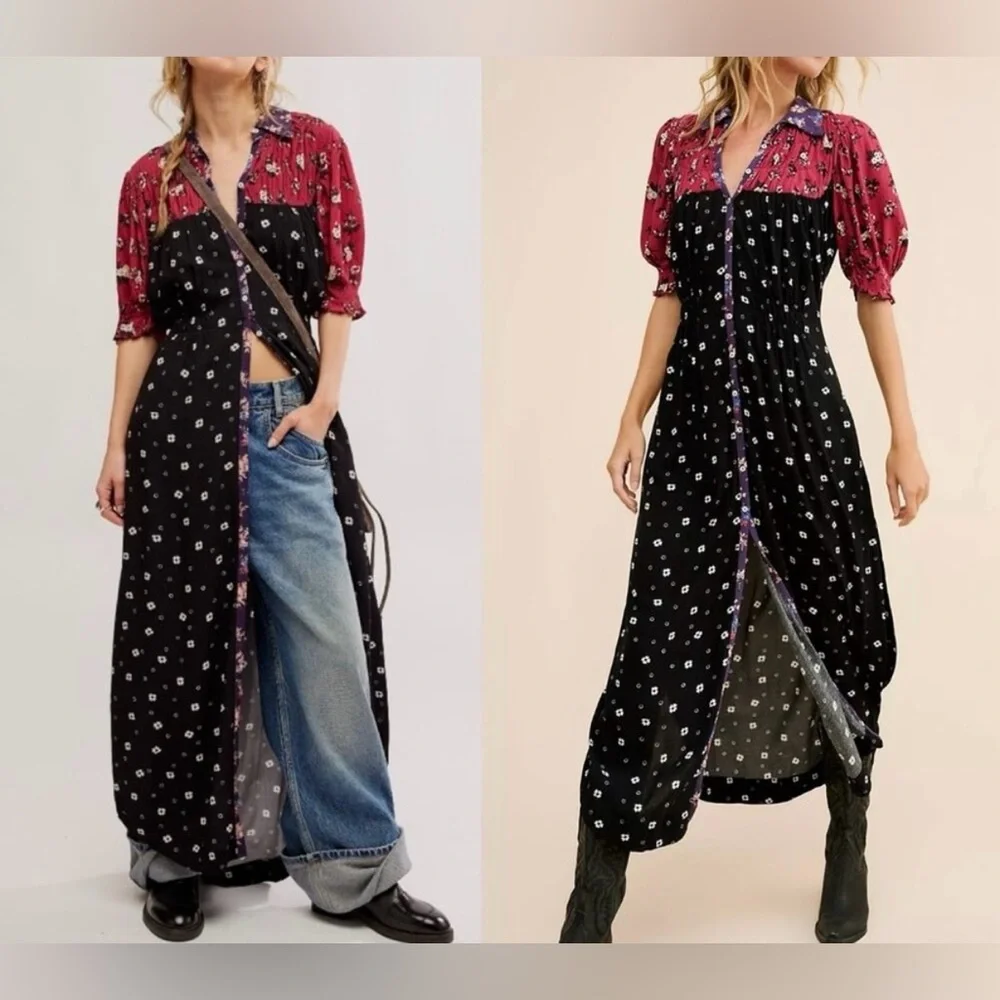 Free People Nora Midi Dress Floral Print Button Down the Front SZ L Black/Red - Picture 11 of 11